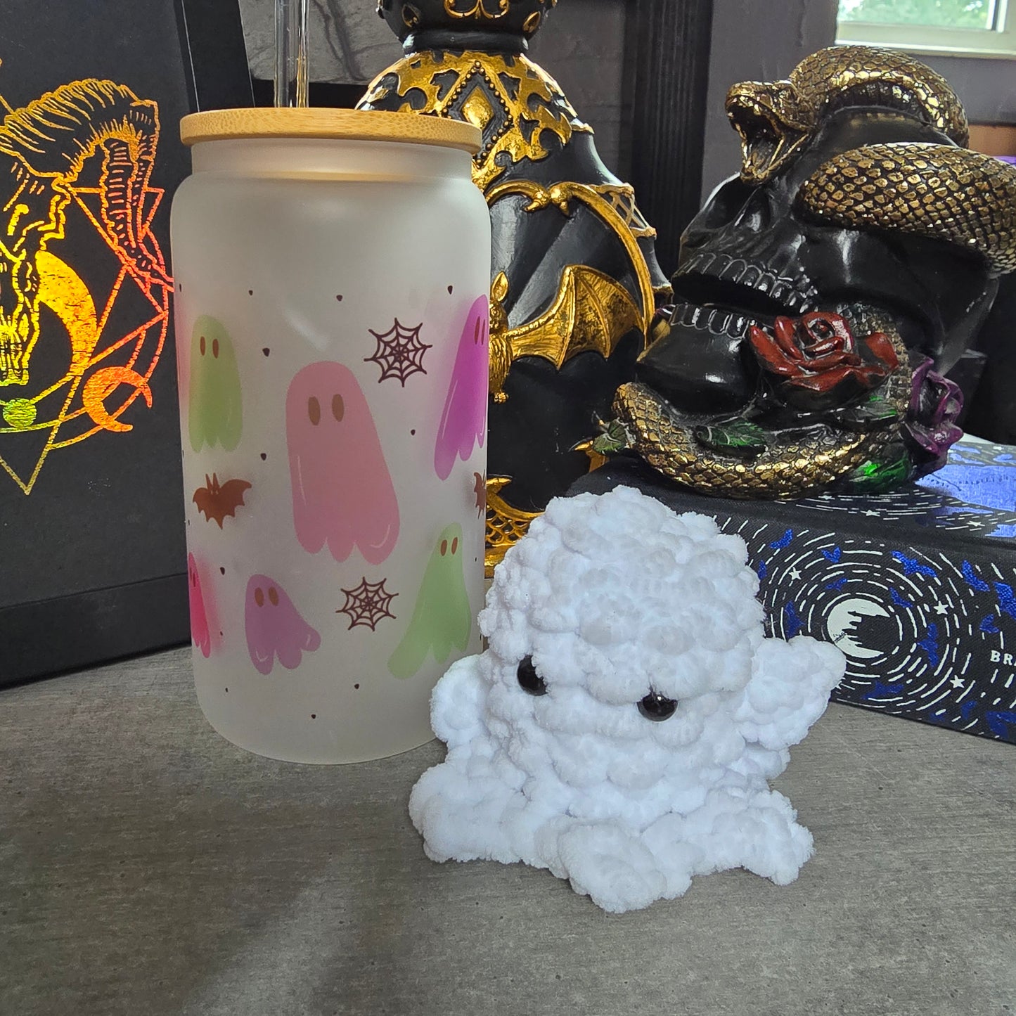 Ghosty Halloween Gift, 16oz, Iced Coffee Cup, Frosted Glass Tumbler,Iced Coffee Can with Bamboo Lid and Straw