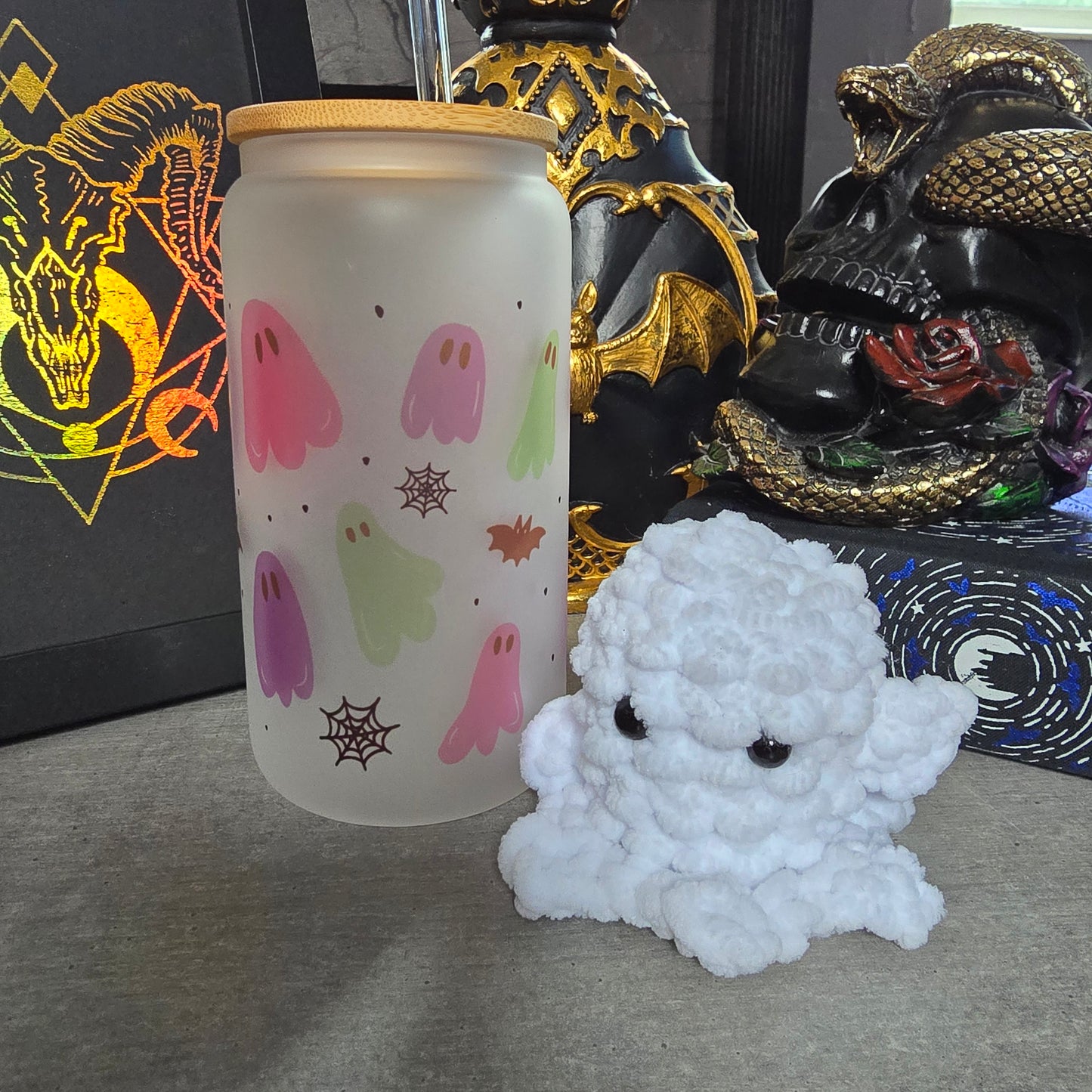 Ghosty Halloween Gift, 16oz, Iced Coffee Cup, Frosted Glass Tumbler,Iced Coffee Can with Bamboo Lid and Straw