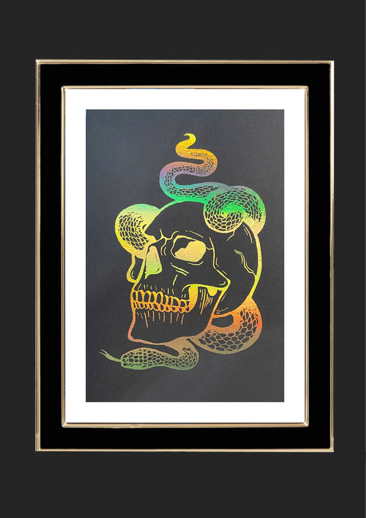 Skull and Snake Foiled Artwork | Gothic Wall Art | Skull Print